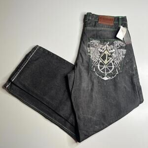 COOGI Jeans Men’s W36 Black Green Stitch Embroidered Back Pocket Hip Hop Denim